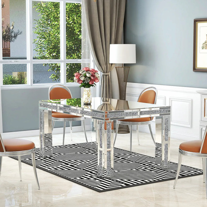 Douty Lamatan Mirrored Dining Table Glass Top with 4 Legs Crushed Diamond Inlay